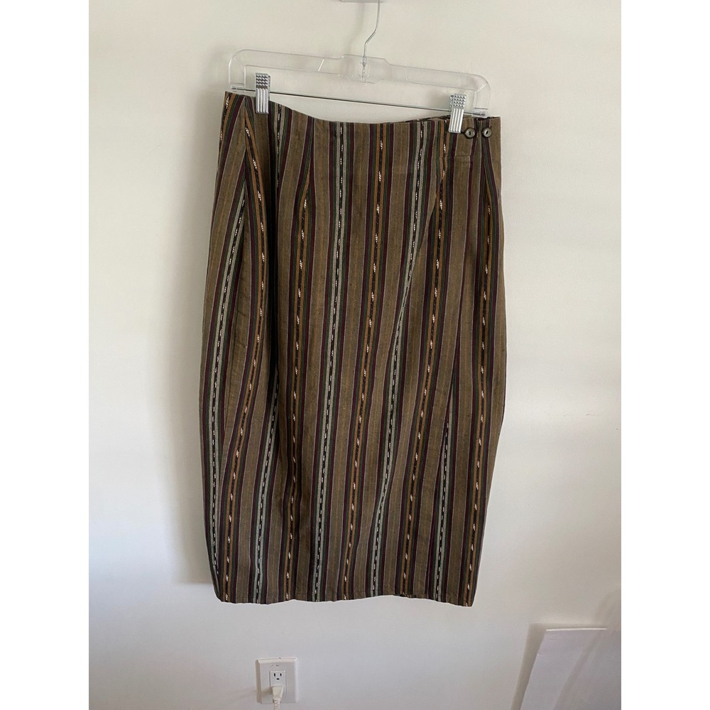 Striped Midi Wrap Pencil‎ Skirt Women's Vintage Earth Tones Button Waist